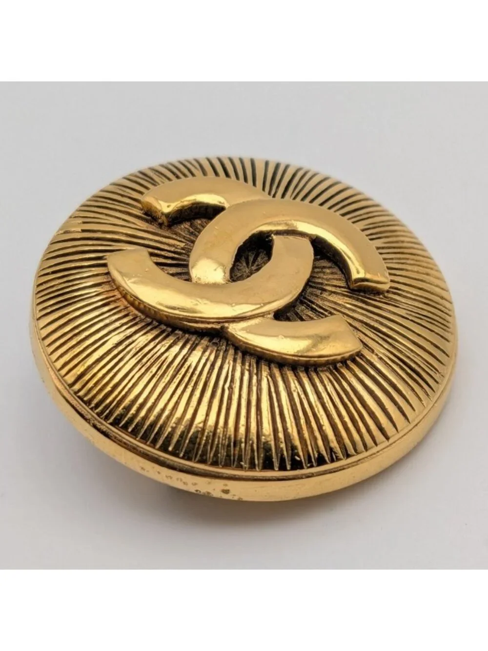 Chanel Brooch CC Logo Gold Round Radiant Pattern First Era Vintage